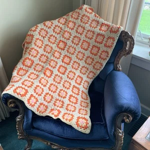 Vtg. 4" Granny Square Handmade Crochet Baby Blanket Orange Pink Yellow 40"x46" - Picture 1 of 8