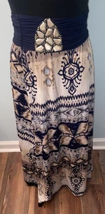 Venus Damen Gr. L blau/hellbraun geometrisches Muster verzierte Taille Maxirock - Bild 1 von 10