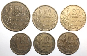 Lote de 6 monedas francesas de 10 20 50 francos 1950-1955 KM#s 915 917 918 gallo de Francia - Imagen 1 de 2