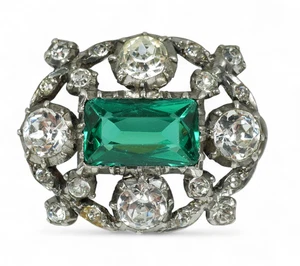 Antique Art Deco Sterling Silver Georgian Revival Emerald Rhinestone Brooch Pin - Picture 1 of 8