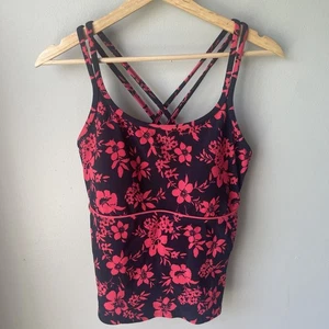 Lands' End Red Floral Navy Blue Print Tankini Swim Top Size 14 Slim Rib Knit - Picture 1 of 8