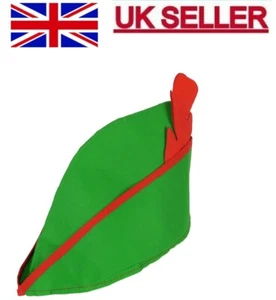 Peter Pan Robin Hood Green Hat Cap Red Feather Hook Fairytail Panto Fancy Dress. - Picture 1 of 2