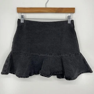 Forever 21 Denim Mini Skirt Women's S Black Back Zip Cotton Ruffle - Picture 1 of 9