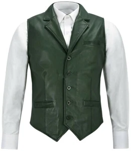 Men's Dark Green Lambskin Leather Waistcoat Western Style Slim Fit Vest Coat - Picture 1 of 5