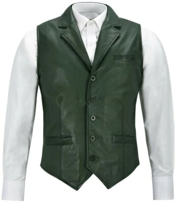 Men's Dark Green Lambskin Leather Waistcoat Western Style Slim Fit Vest Coat - Image 1 of 4