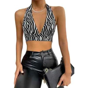Women's Clothing Sexy Off Shoulder Zebra-Stripe Tie Back Crop Top Ladies Camis - Picture 1 of 7