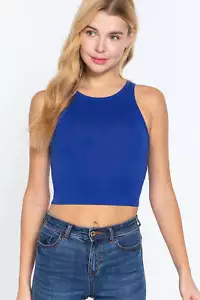 Women's Halter Neck Cropped Tank Top Casual Sleeveless - Royalty Blue - Picture 1 of 4