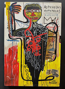 Jean Michel Basquiat 1980's Acrylic Painting On Canvas Signed Stamped 23"x15"