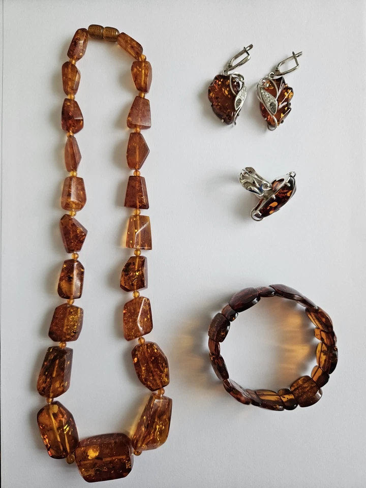 4-Telig: BERNSTEIN & 925 SILBER SCHMUCKSET; OHRRINGE, HALSKETTE, ARMBAND & RING  - Bild 1 von 4