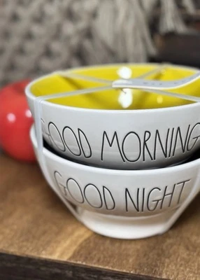 Rae Dunn Bowls Good Morning Good Night set of 2 new cereal dish navy & yellow - Image 1 of 4