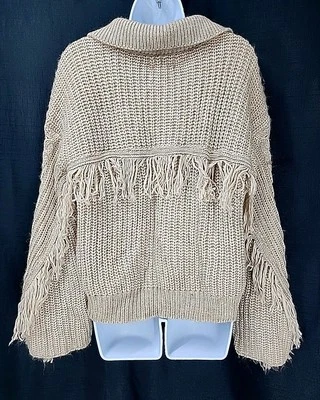 Suéter para mujer Elan flecos cuello en V grueso tejido con cable beige GRANDE Foto 1 de 4