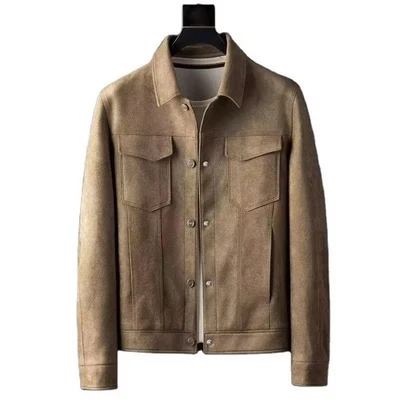 Mens Real Sheepskin Suede Leather Trucker   Classic  Jacket  Fashion Casual Coat - Image 1 of 4