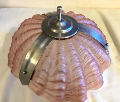Vintage Art Deco Shell Shape Pink Opaque Glass & Chrome Ceiling Light  - Image 1 of 4