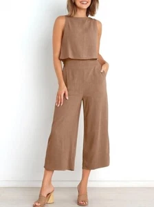ANRABESS Women's Summer 2 Piece Outfits Sleeveless Crop Top Capri Wide Leg Pants - Picture 1 of 7