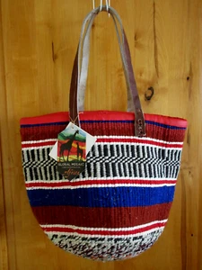 ARI AFRICA WOVEN SISAL JUTE TOTE HANDBAG NWT MULTICOLOR LEATHER STRAPS 12" X 15" - Afbeelding 1 van 8