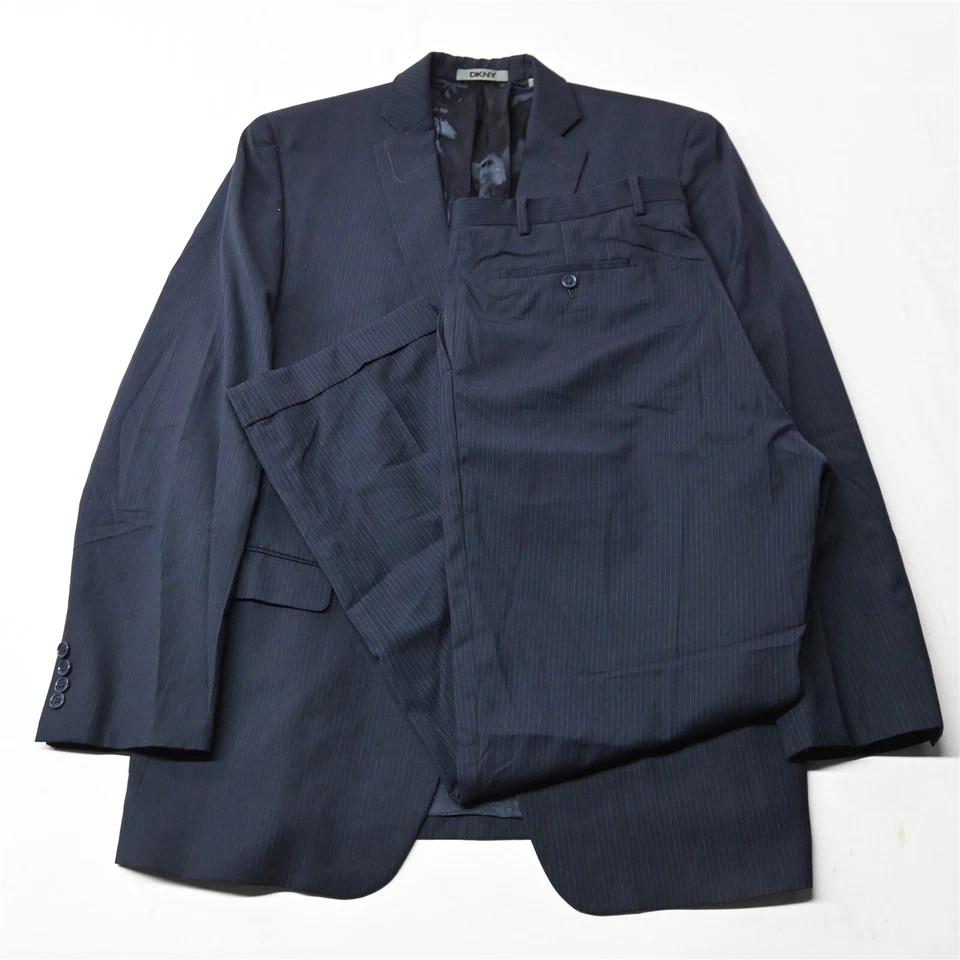 DKNY 44L 36x32 Navy Blue Pinstripe 100% Wool Mens Sport Coat Jacket Pants Suit - Image 1 of 4