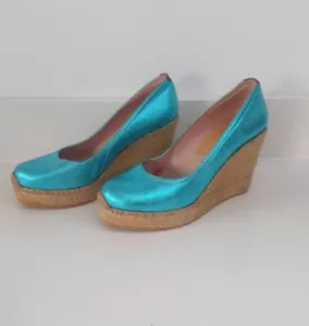 Penelope Chilvers Metallic Leather Turquoise Espadrille Wedges Size 39 UK 6 - Picture 1 of 12