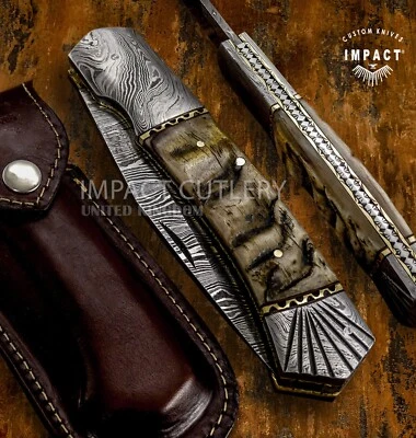 Custom Handmade Damascus Slip-Joint Folding Pocket Knife EDC by Impact Cutlery - Image 1 of 4