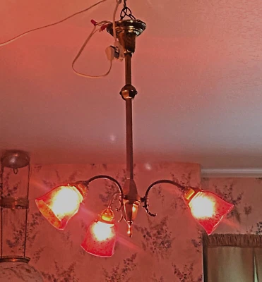ANTIQUE 3-ARM BRASS  LIGHT / LAMP / CHANDELIER w/ CRANBERRY ART GLASS SHADES - Image 1 of 4