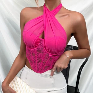 Women Criss Cross Wrap Tie Knot Crop Halter Top Lace Bustier Corsert Camisole - Picture 1 of 26