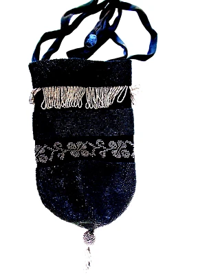 Bolso de Colección Art Deco con Flecos de Cuentas de Acero Negro con Cuentas de Vidrio Cordón Cartera Borla Foto 1 de 4