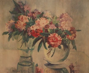 Vintage European floral still life print signed - Picture 1 of 12
