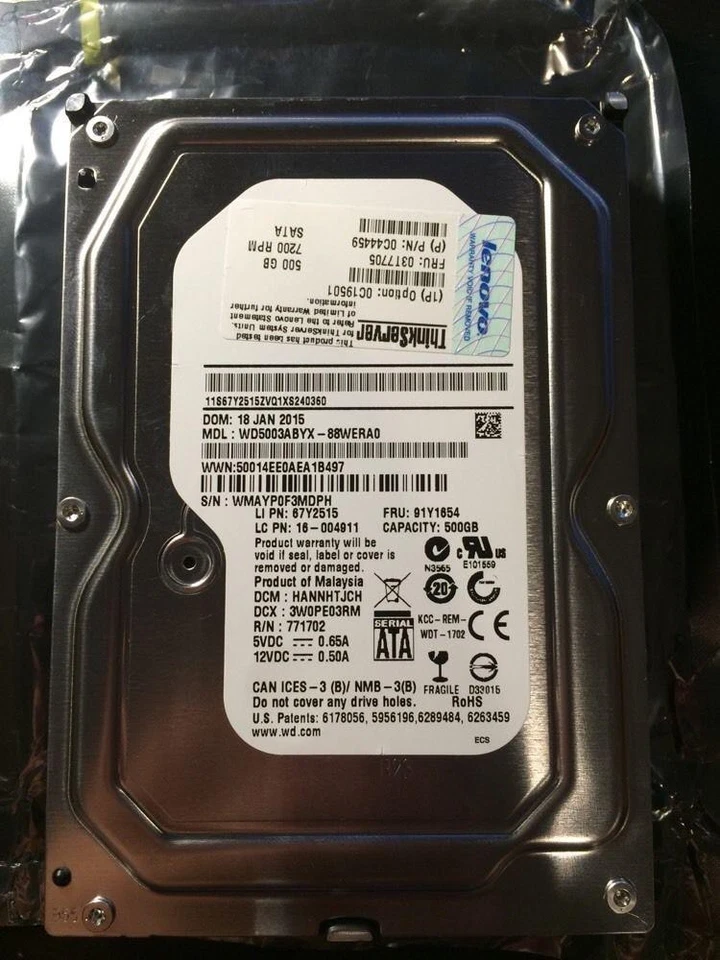 IBM Lenovo 03T7705 0C19501 0C44459 500GB SATA 3.5" 7200 RPM wd5003abyx-88wera0 - Image 1 of 1