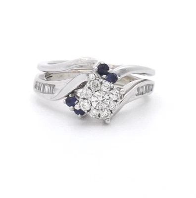 10K白金天然钻石蓝宝石订婚戒指插入婚戒套装 — 第 1/4 张图片