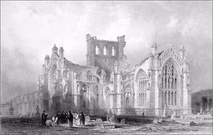 ENTIERRO frente a RUINAS de la ABADÍA DE MELROSE (Roxburghshire) - Grabado XIX - Imagen 1 de 2