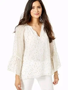 Lilly Pulitzer Matilda Silk Top Gold Polka Dot Metallic Blouse Size Small Bell - Picture 1 of 10