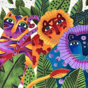 Laurel Burch Lions Jungle Songs Quilting Fabric 100% on off white Cotton 2 Yds - Picture 1 of 9