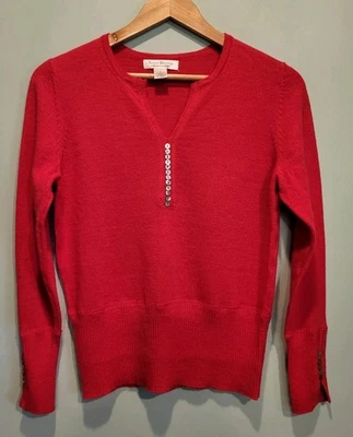 Suéter De Colección Susan Bristol Rojo Lana Merino Cuello en V Vacaciones Talla M Foto 1 de 4