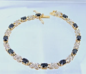 JjT Gold Over Sterling Silver 925 Dark Blue Sapphire Diamond Tennis Bracelet - Picture 1 of 9