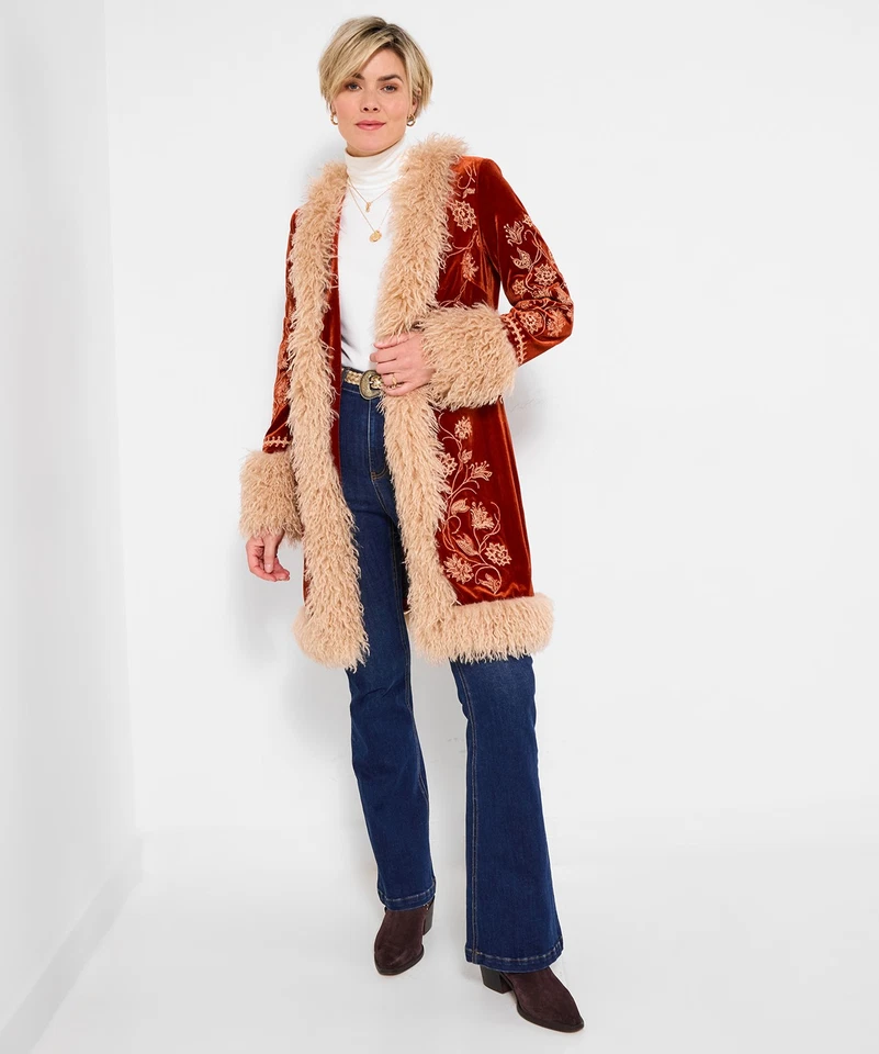 Joe Browns Women's Boutique Boho Embroidered Shaggy Faux Fur Trim Coat - Image 1 of 1