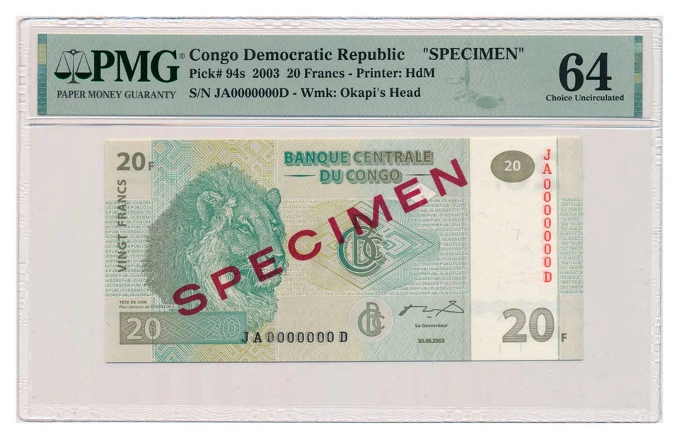 CONGO banknote 20 Francs 2003 Specimen PMG MS 64 Choice Uncirculated - Image 1 of 4