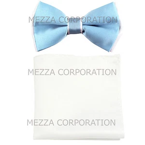 New Men's Pre-tied Bowtie And White Hankie Set Two Tone Formal Party Light Blue - Picture 1 of 3