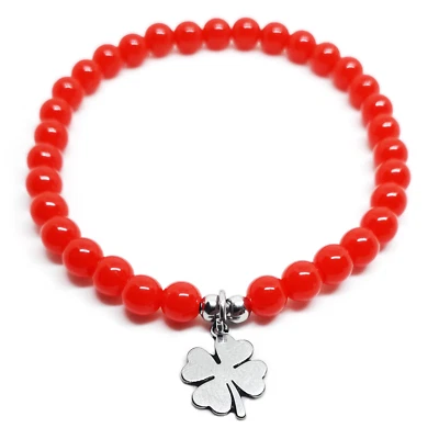 Bracciale Quadrifoglio Portafortuna e con perle rosso da Uomo Donna braccialetto - Immagine 1 di 3