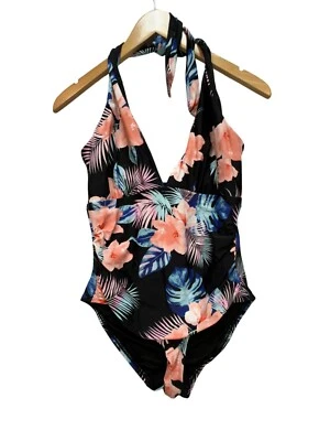 DKNY Womens Floral Halter One-Piece Swimsuit Size XL Black Pink Tropical Beach - Image 1 of 4