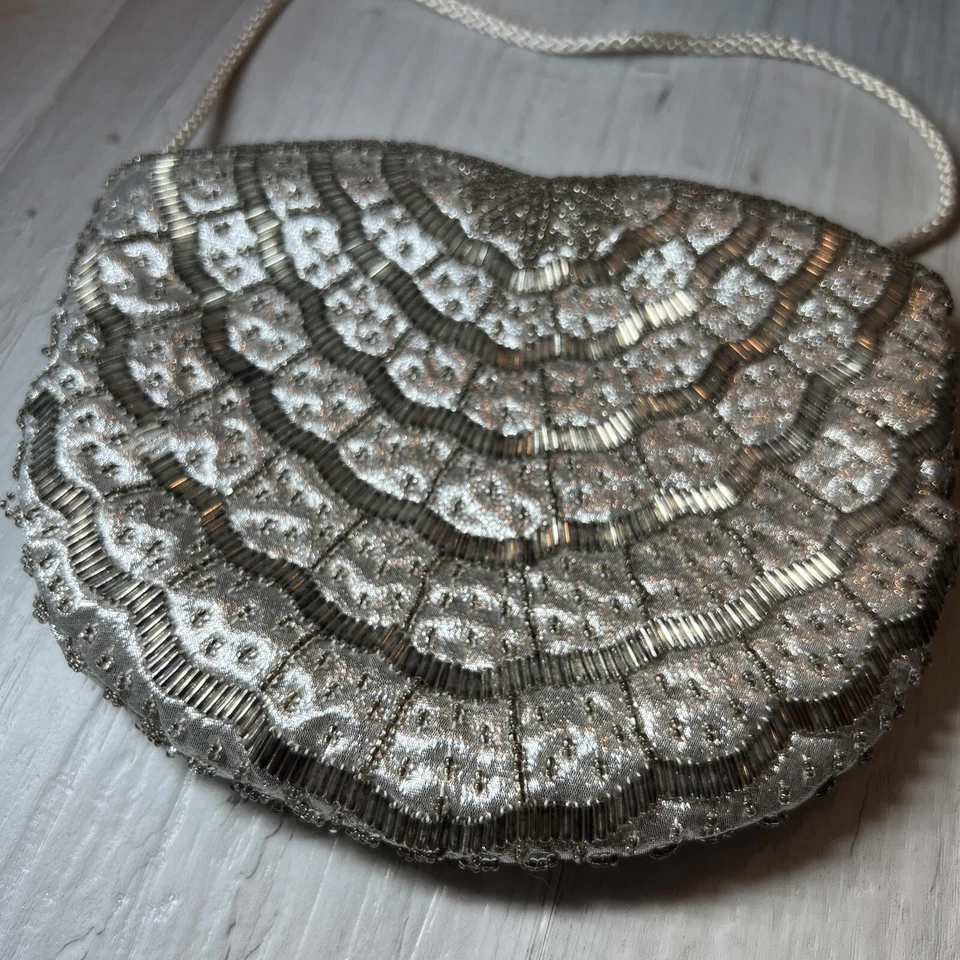VTG Lord & Taylor Evening Handbag Purse Pewter Gray Satin Beaded Gorgeous!!! - Изображение 1 из 4