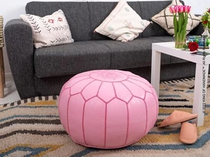 Moroccan Leather Footstool Ottoman, Pink Pouf, Unique Home Decor For Living Room - Picture 1 of 11