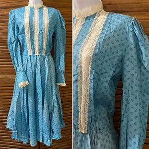 Vintage Prairie Midi Full Blue Floral and Lace Dress Size Medium 1970's - Picture 1 of 9