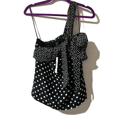 J Crew 100% Silk One shoulder Bow Top Polka Dot Black Ivory Size 0 G7678 NWT Foto 1 de 4