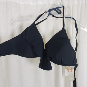 GB Black Ruffle Molded Push Up Tie String Bikini Top Bathing Swimsuit Womens M - Picture 1 of 7