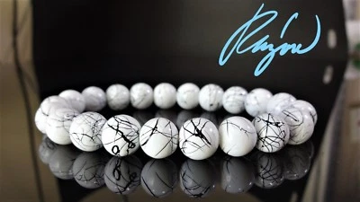 Abstract WHITE bead bracelet for Men Stretch 10mm - 8" inch - Image 1 of 4