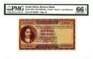 South Africa 1 Rand (1962-65) Pick 103b Note. PMG Gem Unc 66 EPQ - Picture 1 of 2