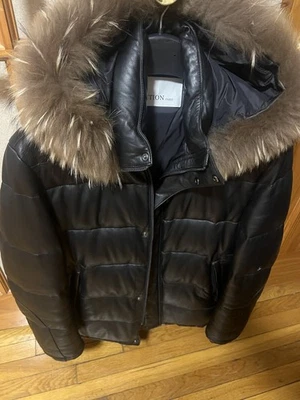 Intuition Paris Men’s Black Leather Goose Down Jacket Fox Fur Removable Hood L - Image 1 of 4