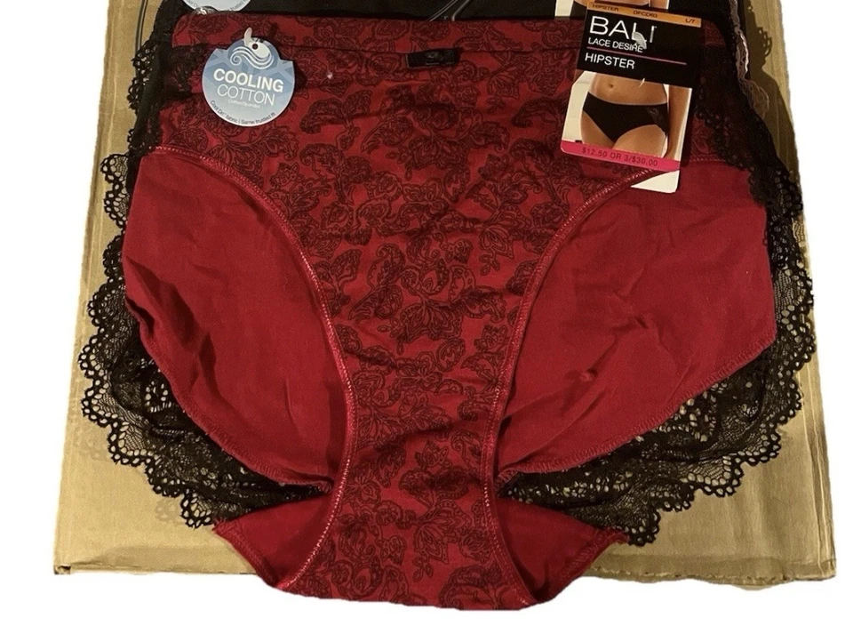 (2) BALI LACE DESIRE Red HI-CUT #DFCD63 PANTIES SZ L/7 Hipster Cooling Cotton - Image 1 of 1
