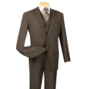 Vinci Men's Regular Fit 3-Piece Solid Color Suit Brown - Picture 1 of 5