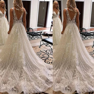 Sparkling V-Neck Wedding Dresses Backless A-line Lace Applique Tulle Bridal Gown - Image 1 of 4