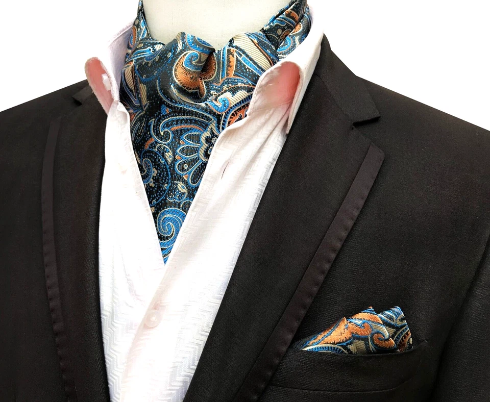 Clásico Para Hombre Ascot Corbata Corbata Corbata Seda Paisley Azul Marrón Bufanda Corbata Pañuelo Conjunto Foto 1 de 1